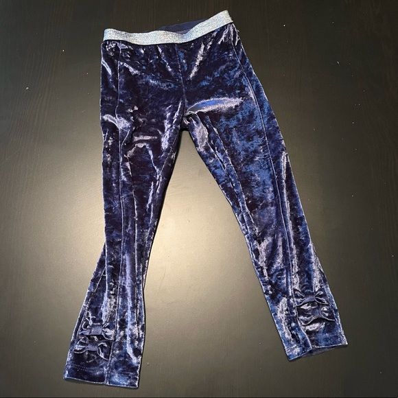 Blue Crushed Velvet Girls Leggings with Double Bows on Ankles & Silver Waistband - Picture 9 of 9